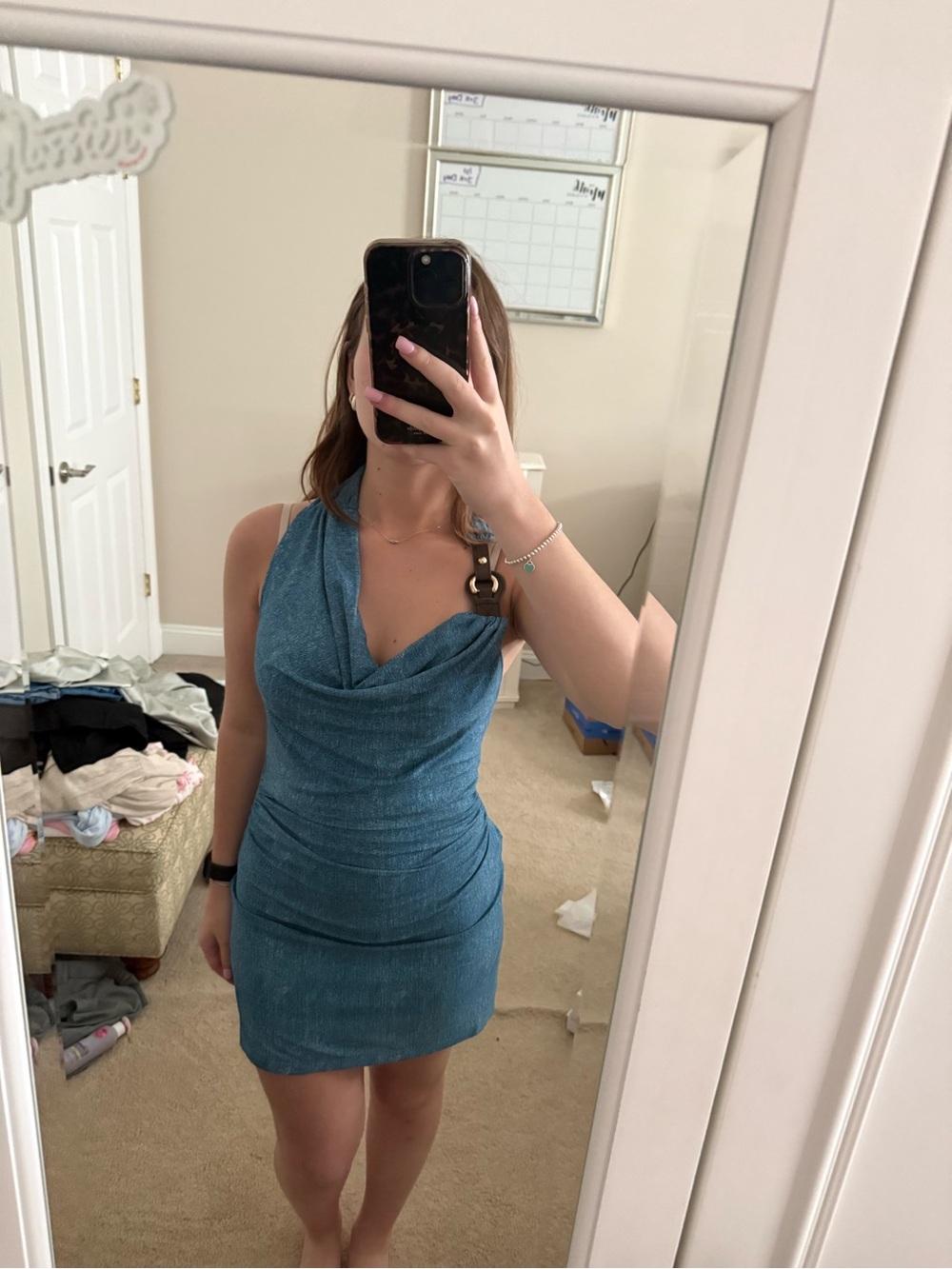 Sleeveless Teal Shimmer Cowl-Neck Mini Dress